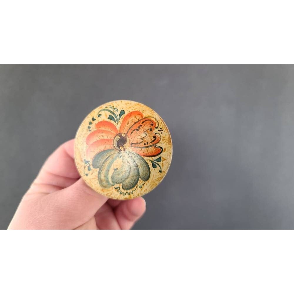Circular Handpainted Floral Button Brooch